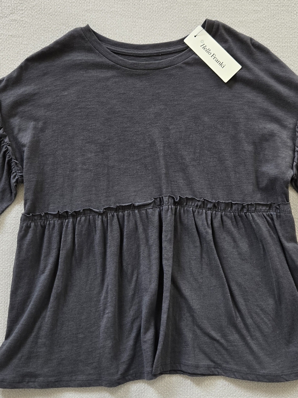 Franki by Francesca's Charcoal Babydoll Peplum Ruffle Sleeve Top Girls XL 14 NWT